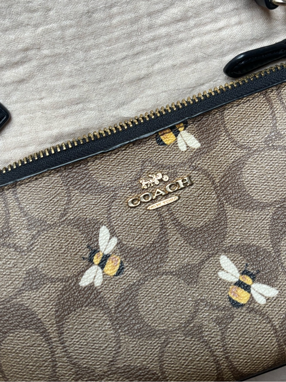 Coach Brown Signature Bee Print Shoulder Bag with Black Trim - Picture 14 of 16